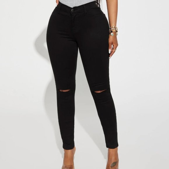 Black High Waist Slit Knee Stretch Jeans - Picture 1 of 5